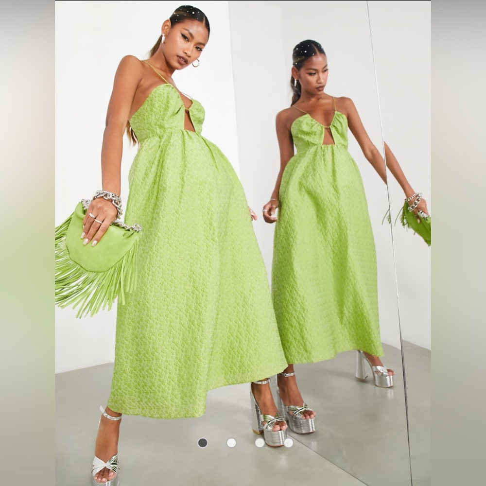 ASOS EDITION Textured Cami Midi Dress With Cut Out & Tiered Hem In Olive Green
